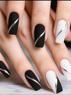 Black & White Matte Press-On Nails with Silver Accent